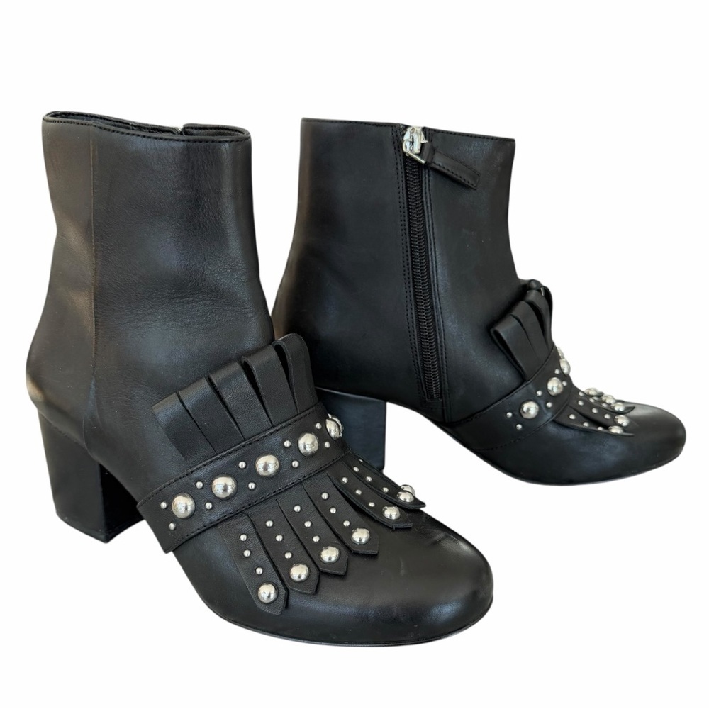 Nine West Qamile Black Leather Silver Studded Fringe Ankle Boots Size 7